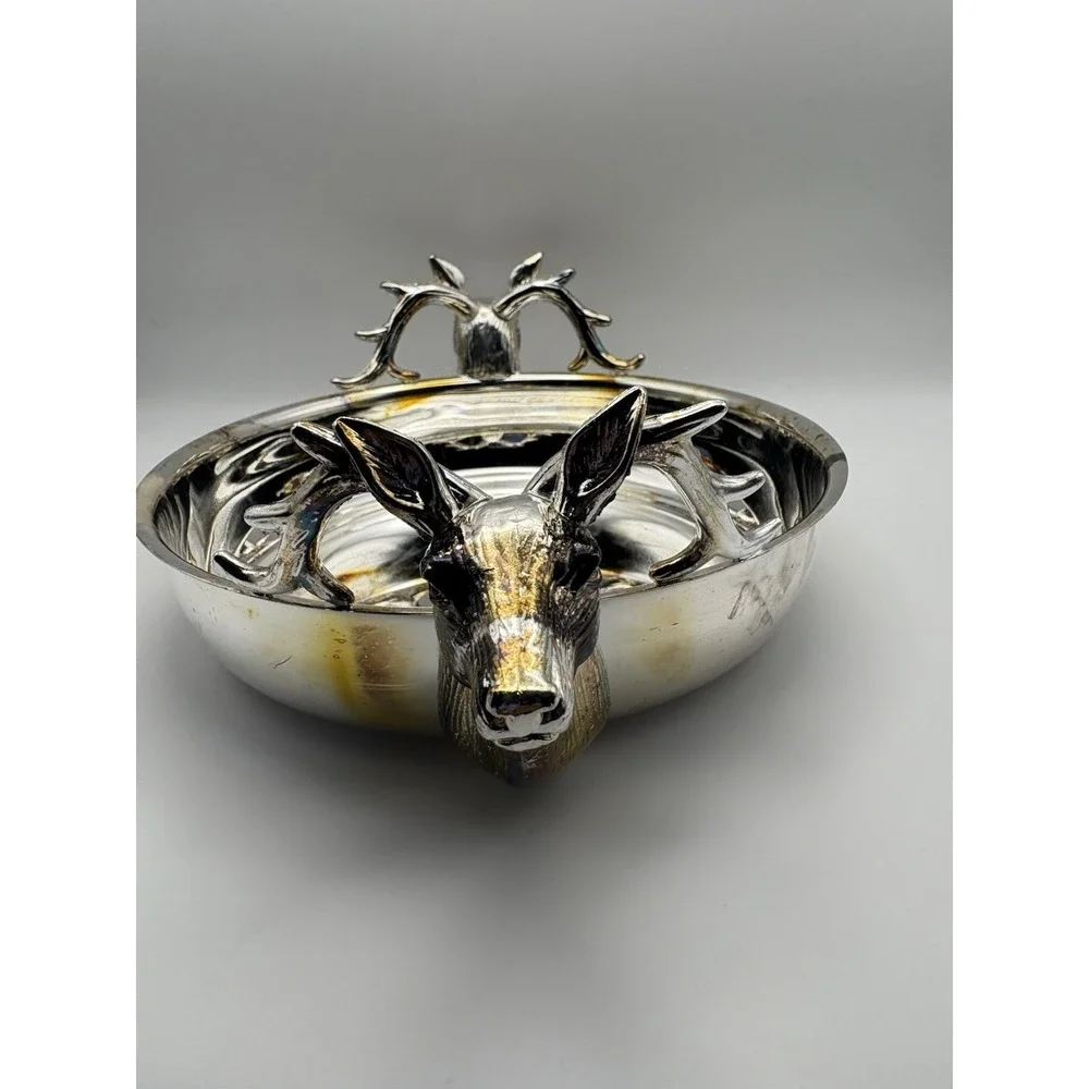 Vintage Elegance In Silver Stag Deer Head Silver Plate Bowl‎ with Box